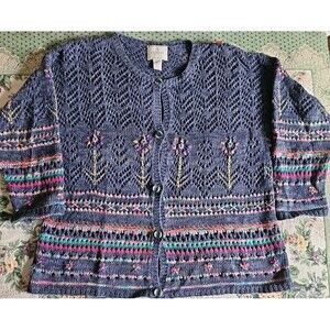 Vintage Express Tricot Hand Knit Multi Color Floral Design Cardigan Size Medium